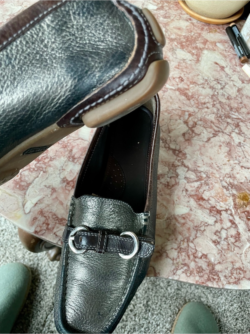 Sz 10 Coach Metallic Greenish Bronze With Brown Trim Leather Women's Loafers - Picture 8 of 12